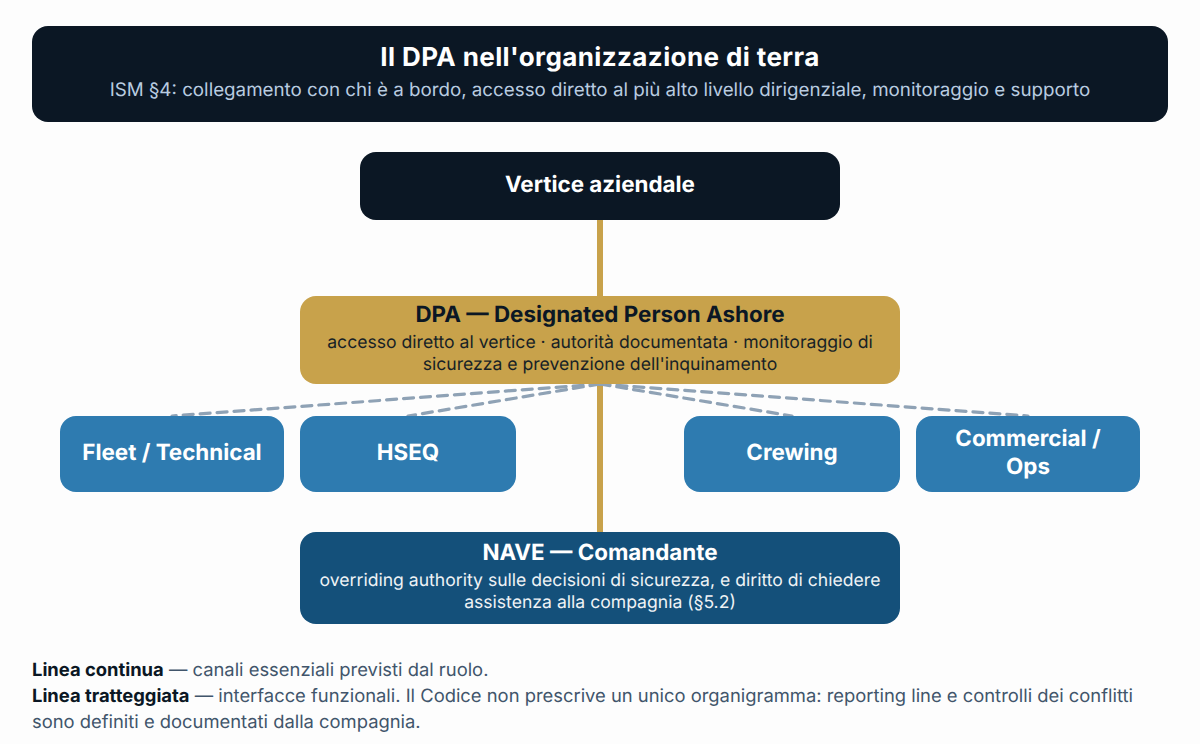 Il DPA nell'organizzazione di terra: accesso diretto al più alto livello dirigenziale, collegamento con chi è a bordo, interfacce funzionali con le altre funzioni (ISM §4).