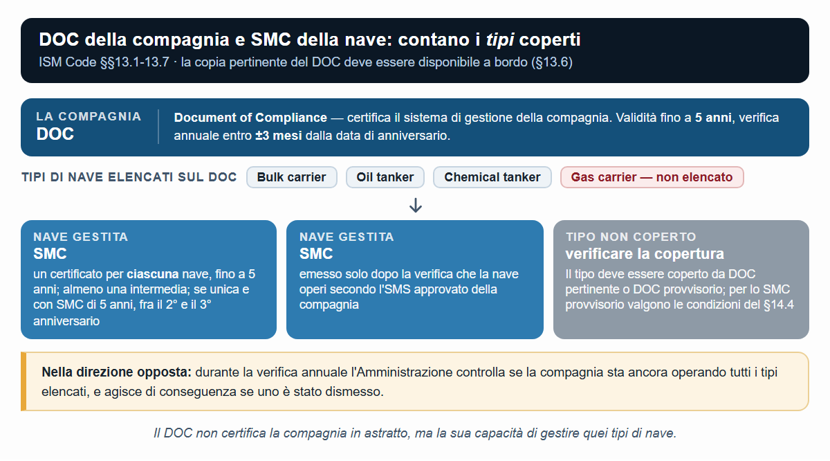 Struttura certificativa dell'ISM Code: un DOC per compagnia, valido per i tipi di nave elencati, e un SMC per ciascuna nave gestita (§§13.1-13.7).